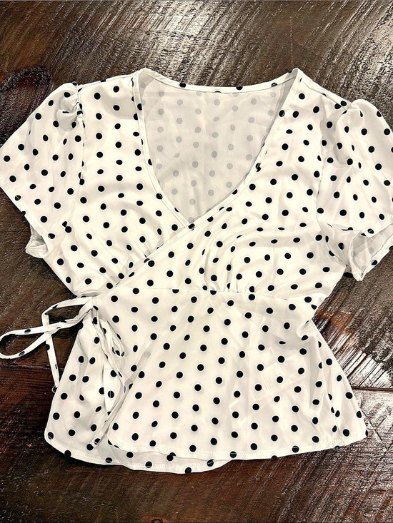 Tops - Polka Dot Wrap Blouse in White & Black